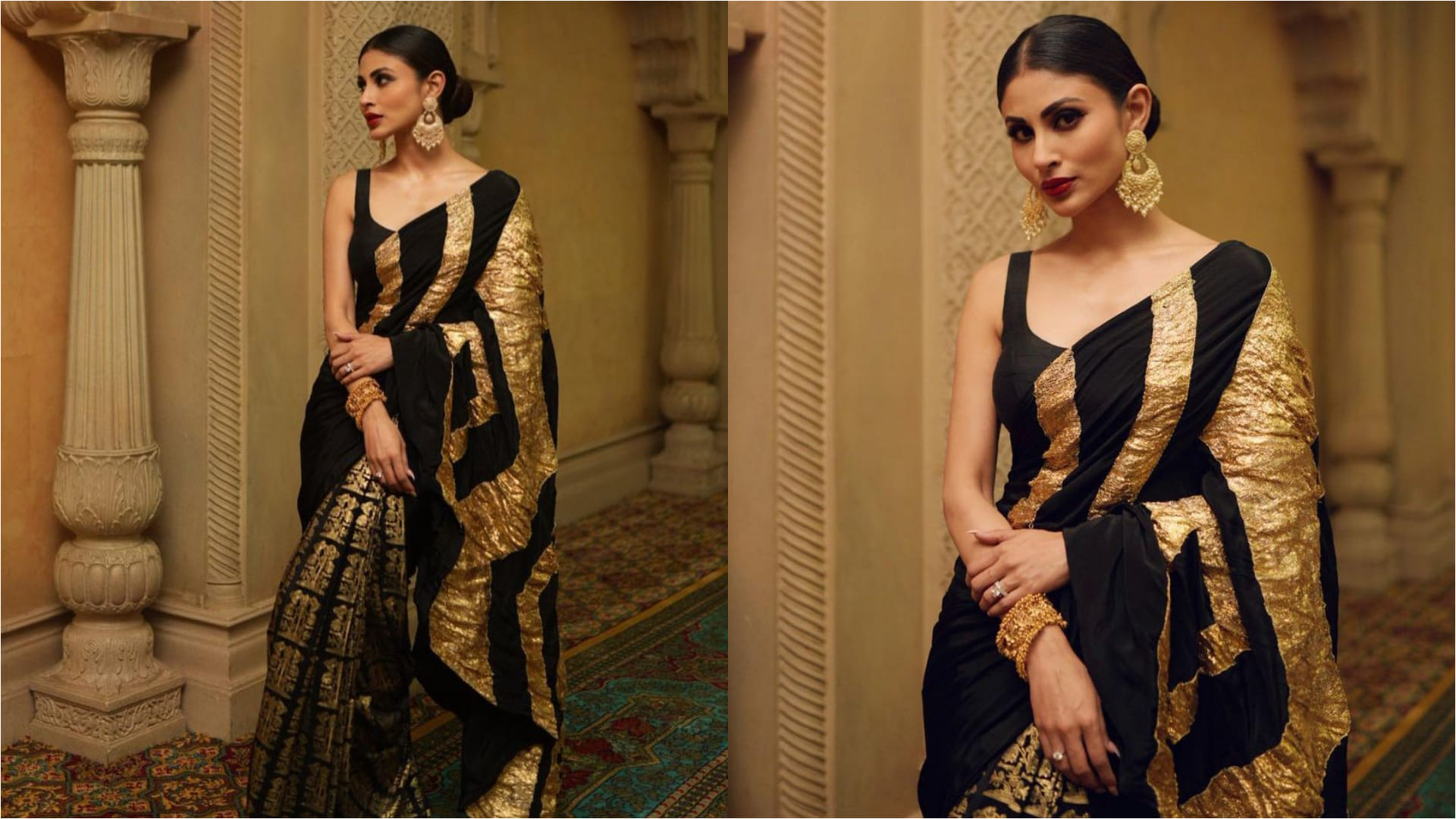 mouni roy black and gold saree for brahmastra promotion looks stunning