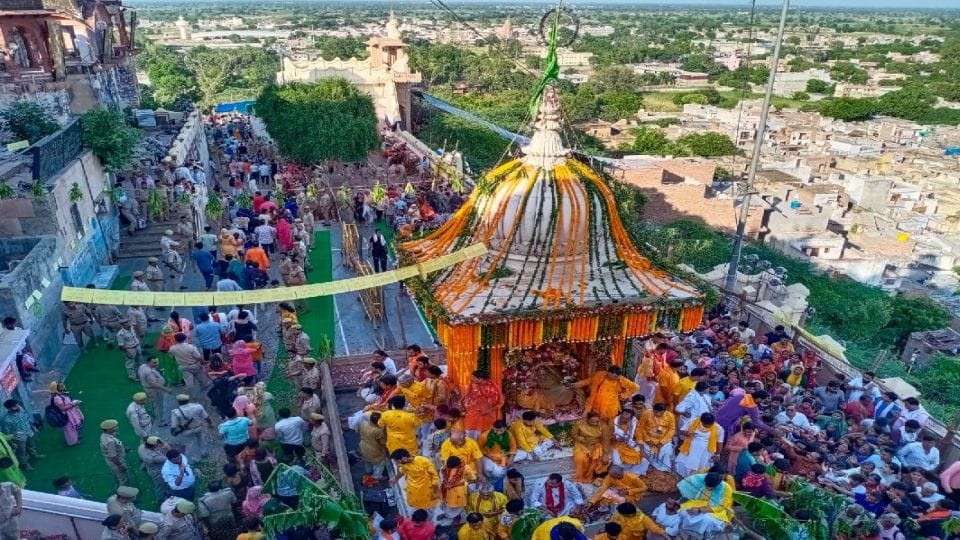 Crowd of devotees gathered in Radharani temple Barsana on Radha Ashtami in Mathura