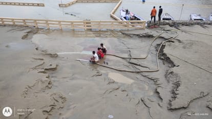 Damaged namaskar sculpture now repaired at Namo Ghat varanasi flood updates