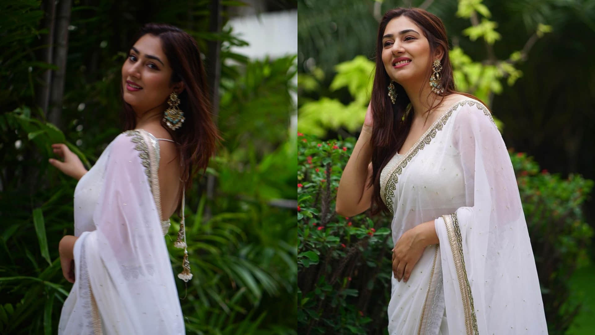 disha parmar white saree with backless blouse chandni look for ganpati bappa visarjan