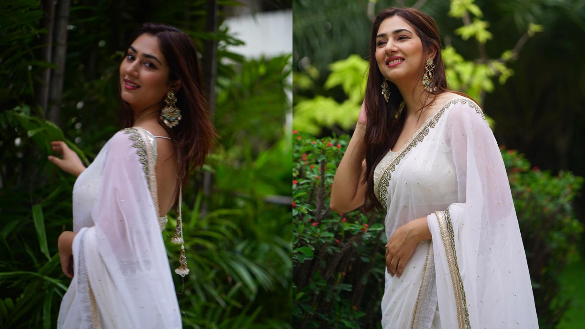 disha parmar white saree with backless blouse chandni look for ganpati bappa visarjan
