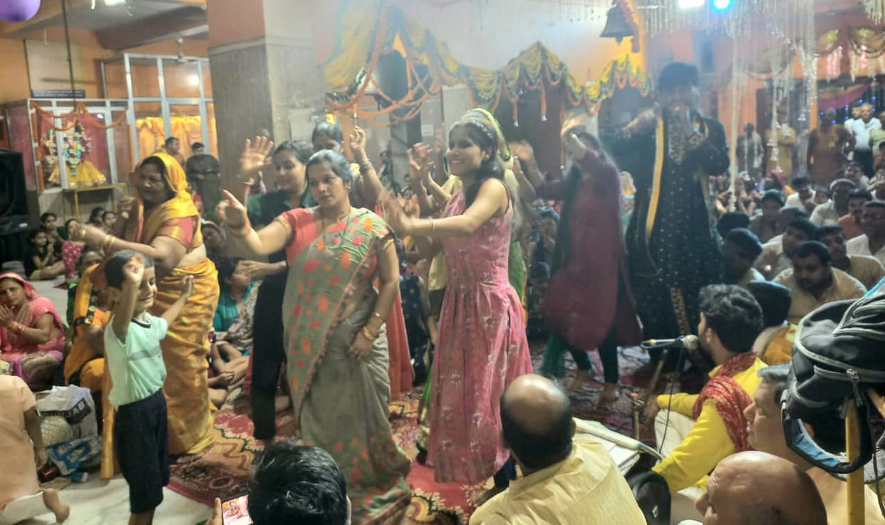 Bhajan-Kirtan in temples on Radha Ashtami, devotees swing