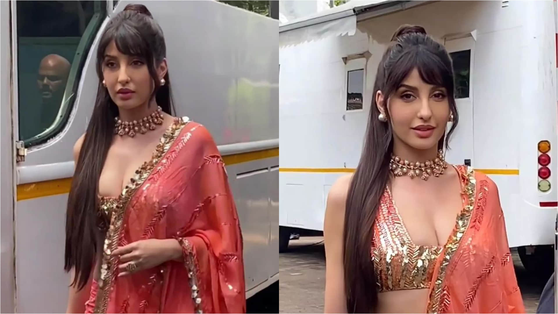 nora fatehi retro hot look in saree with deep neck blouse for jhalak dikhhla jaa dance show