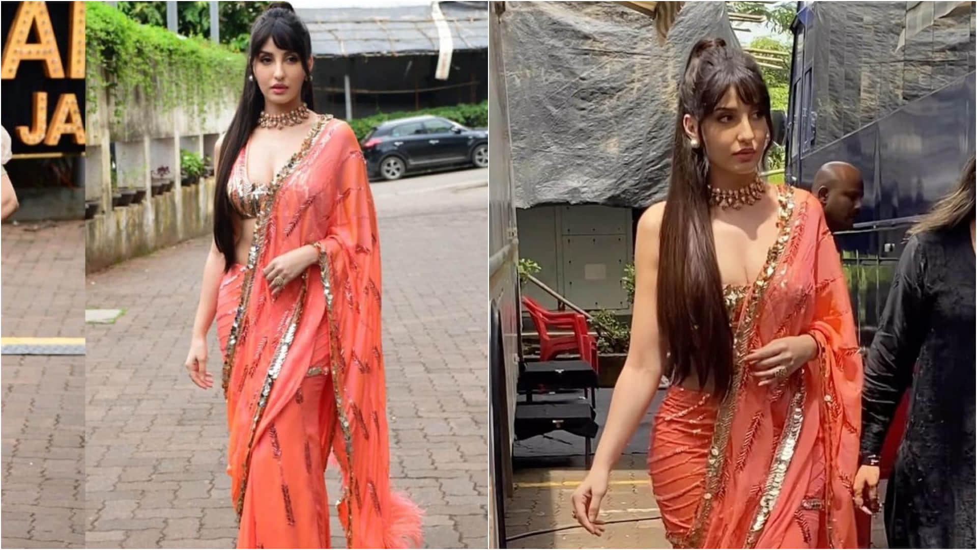 nora fatehi retro hot look in saree with deep neck blouse for jhalak dikhhla jaa dance show