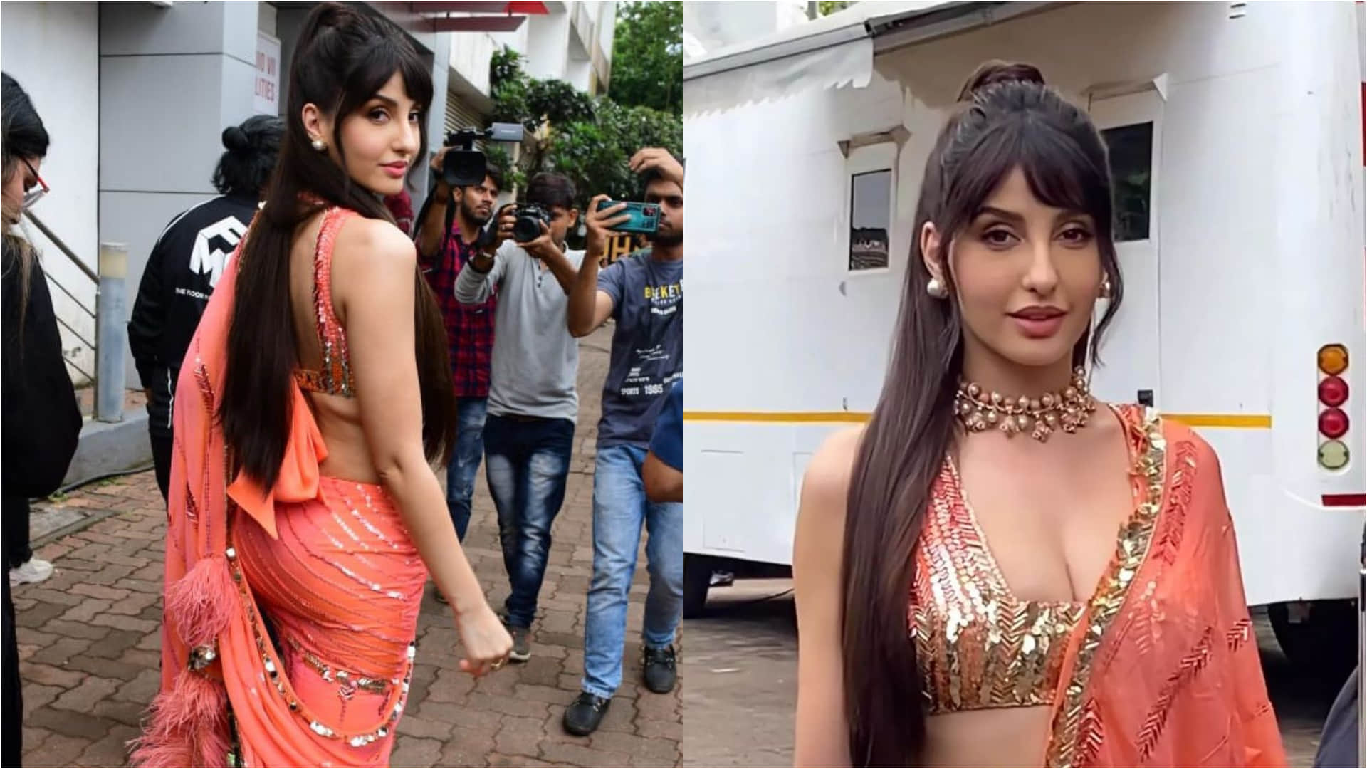 nora fatehi retro hot look in saree with deep neck blouse for jhalak dikhhla jaa dance show