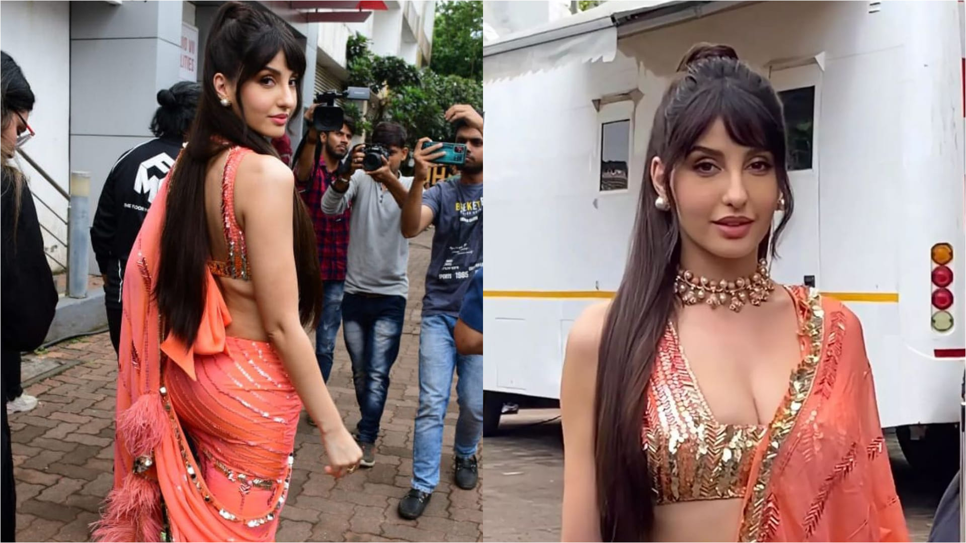 nora fatehi retro hot look in saree with deep neck blouse for jhalak dikhhla jaa dance show