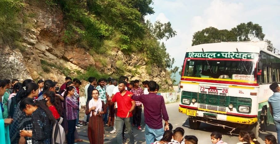 Due to lack of bus facility, college students did a blockade