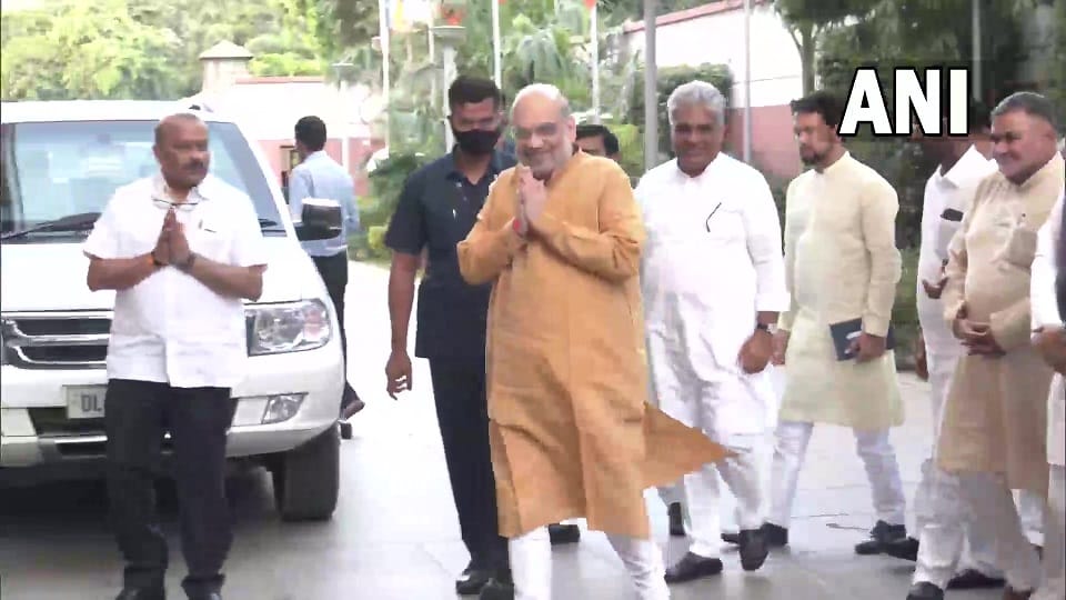 BJP President JP Nadda and Home Minister Amit Shah arrive at BJP headquarters for a party meeting
