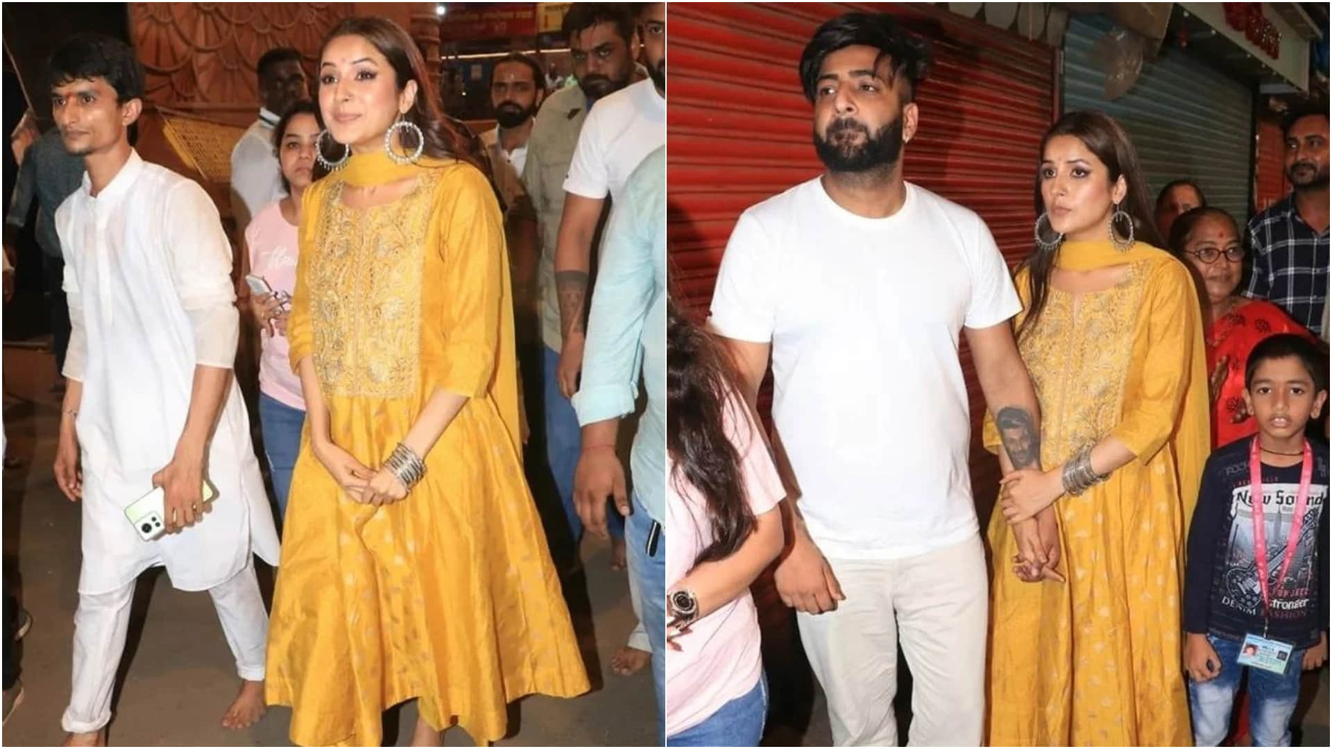 shehnaaz gill seeks blessings in lalbaugcha raja in yellow silk anarkali kurta