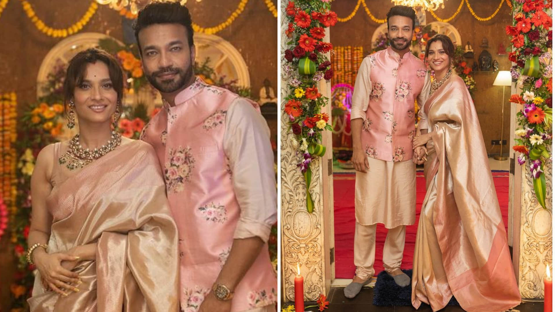 Ankita Lokhande Looks Beautiful In Pink Silk Saree With Vicky Jain For Ganesh Puja News in Hindi