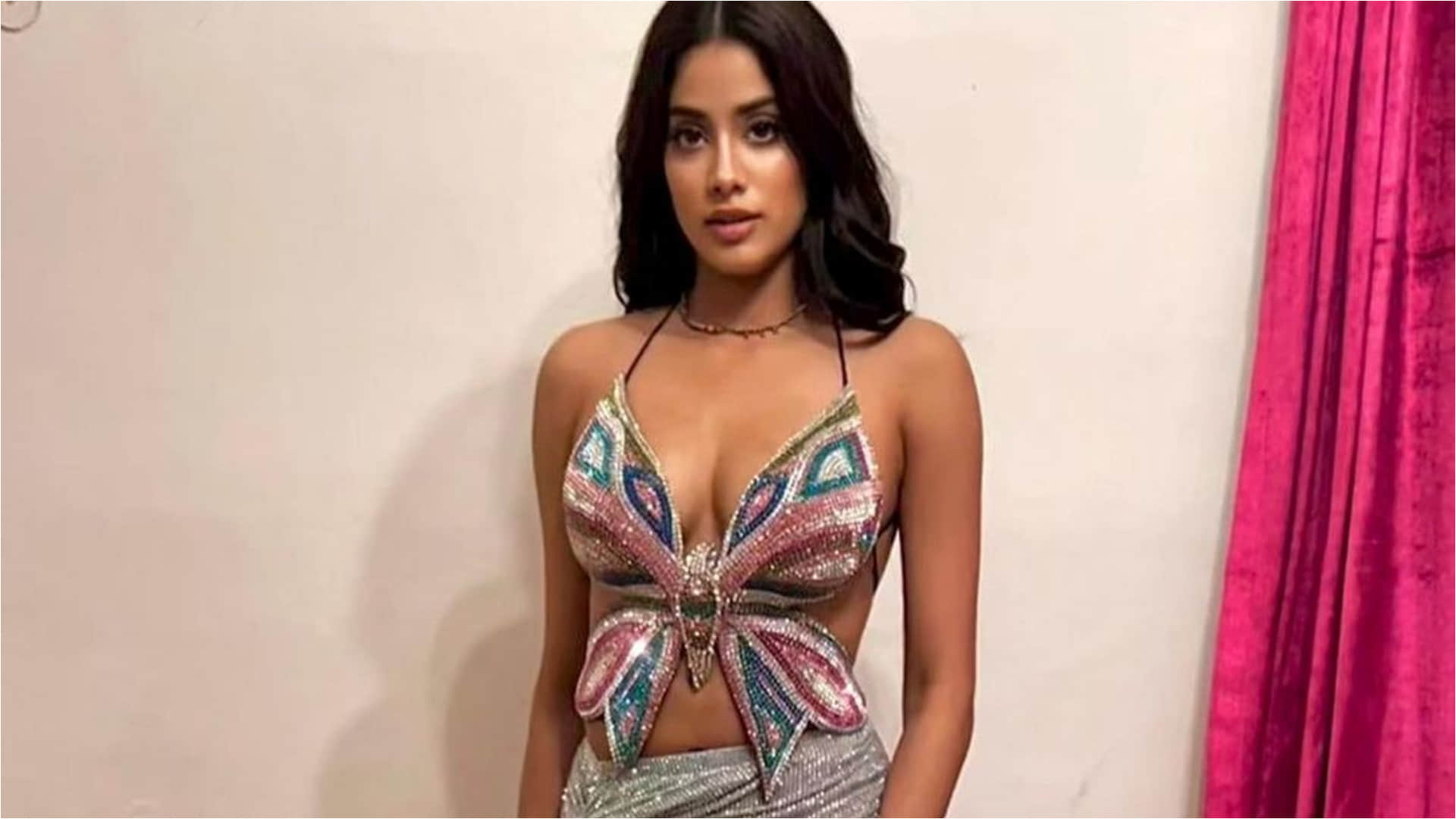 janhvi kapoor slaying in butterfly top with shimmer risque thigh high skirt