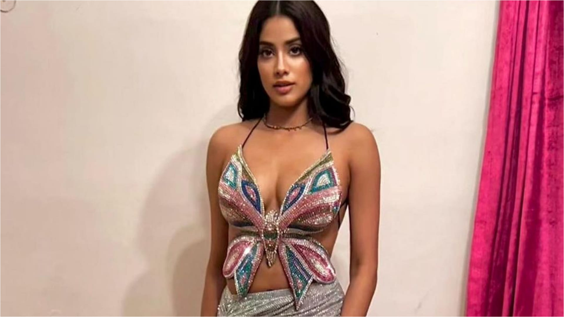 janhvi kapoor slaying in butterfly top with shimmer risque thigh high skirt