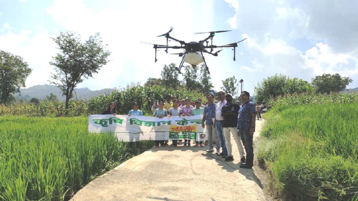 Spraying of pesticides on crops done by drone in Palohata of Sundernagar