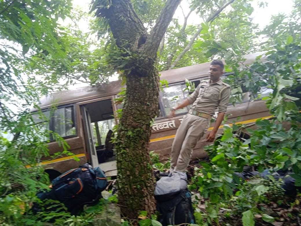 ITBP bus that fell in a ditch stuck with a tree