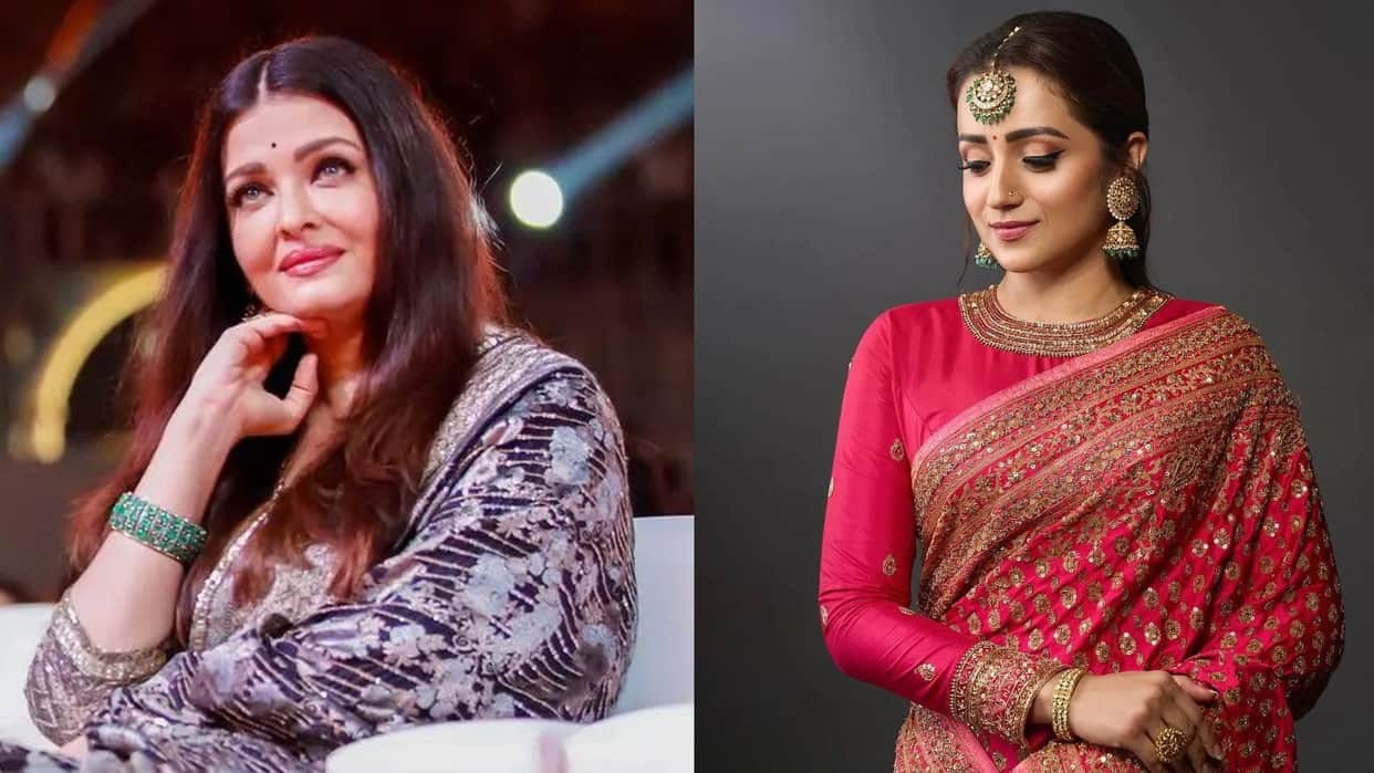 trisha krishnan in bright pink saree with heavy embroidery and maang tikka for movie ponniyin selvan trailer l