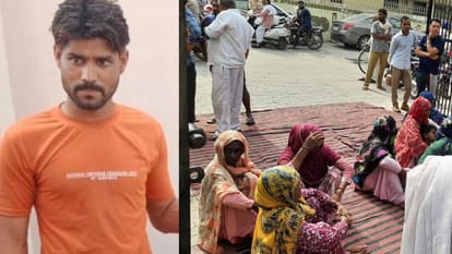 मृतक रमेश कश्यप और थाने के गेट पर बैठे परिजन।