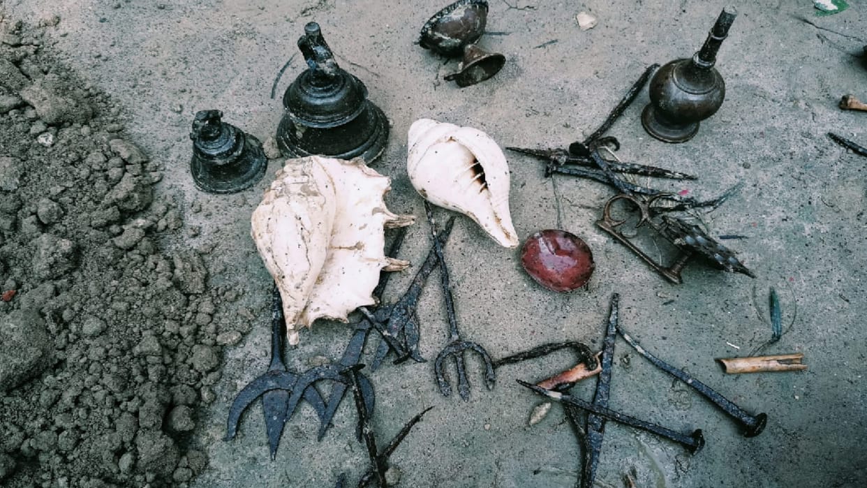 Conch trident and iron items found in digging in house at Gorakhpur