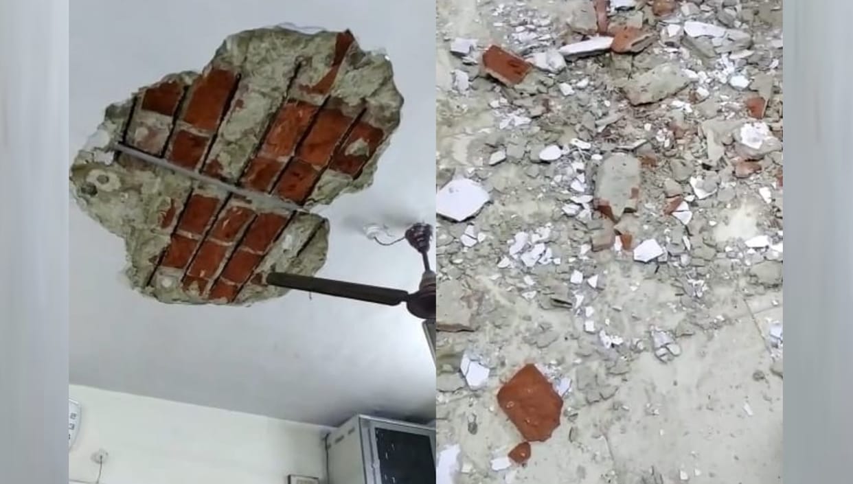 Plaster of Nagar Nigam's adhisthan vibhag roof   falls down.