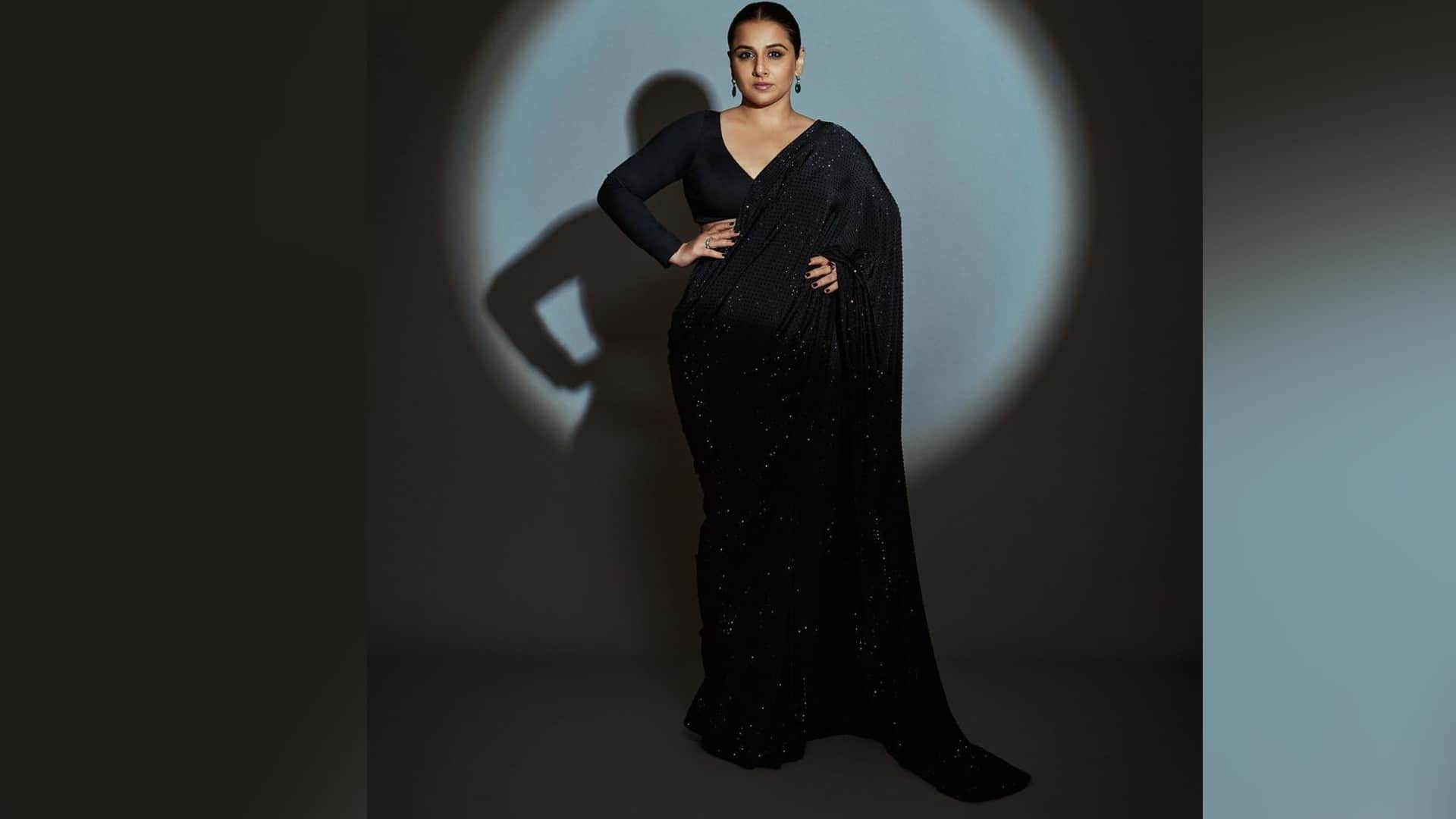 vidya balan in black shimmer saree with full sleeve blouse look stylish