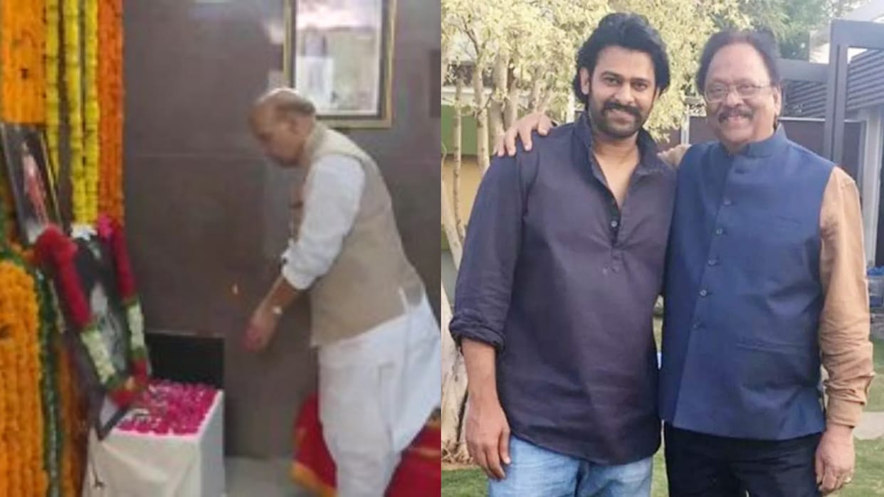 Defense Minister Rajnath Singh met Actor Krishnam Raju Family members and prabhas at his Prayer Meet