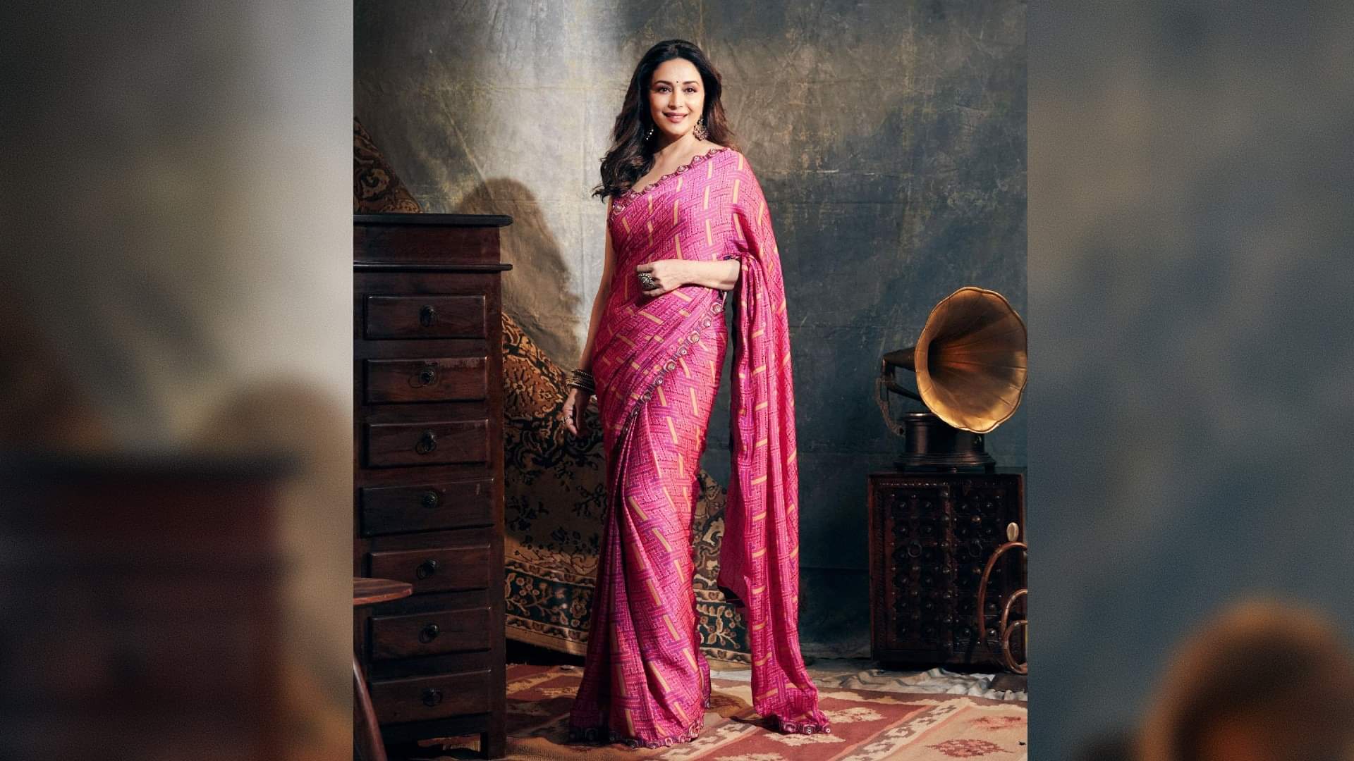 madhuri dixit looks graceful in pink block print saree for jhalak dikhhla jaa perfect for festival