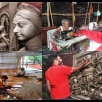 चितरंजन पार्क में दुर्गा पंडाल में काम करते लोग