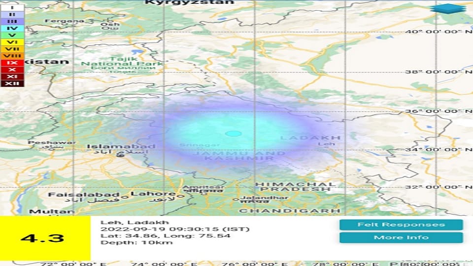 An earthquake of magnitude 4.3 occurred in Kargil to Ladakh
