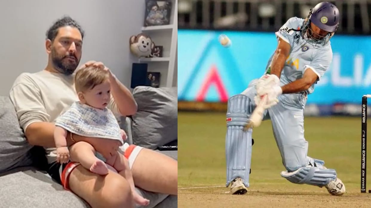 Yuvraj singh watches his six sixes video with son orion