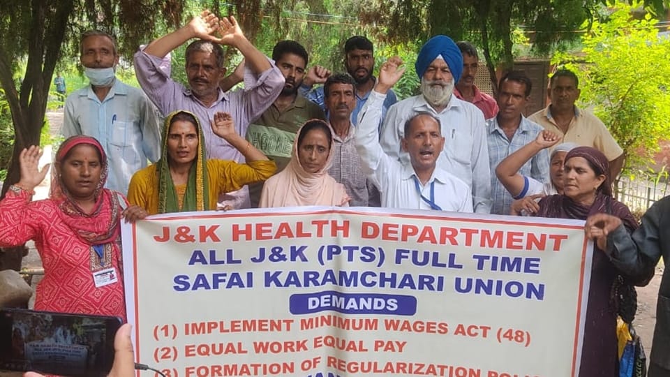 jammu health department Part time sanitation workers protest demand to implement minimum wages act