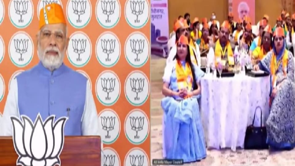 PM Modi addressing the Council of Mayors and Deputy Mayors of BJP in Gandhinagar, Gujarat via video conferenci