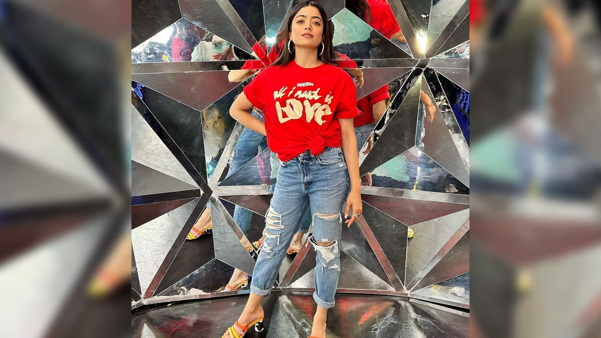 rashmika mandanna glamorous retro look in red pants with strappy crop top