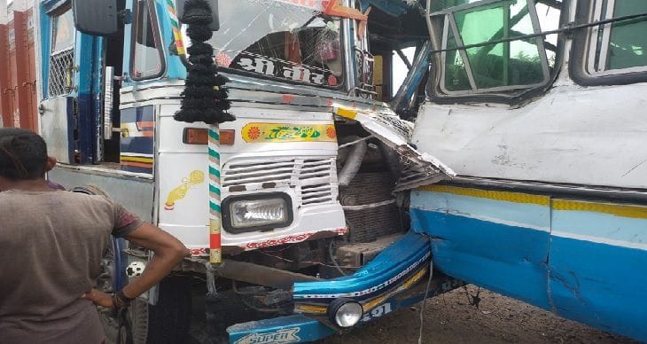 Roadways bus and truck collide, four passengers injured