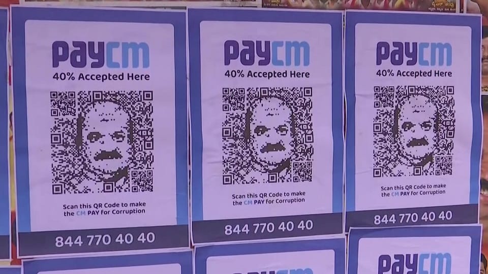 PayCM posters of CM Basavaraj Bommai pasted on the walls in parts of Bengaluru by Congress