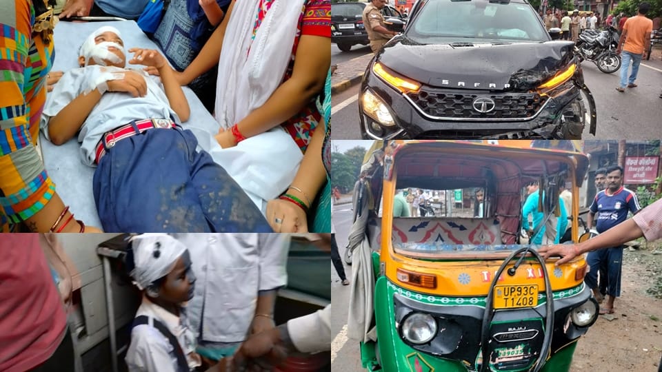 Jhansi Accident Speeding car hit a school auto full of children