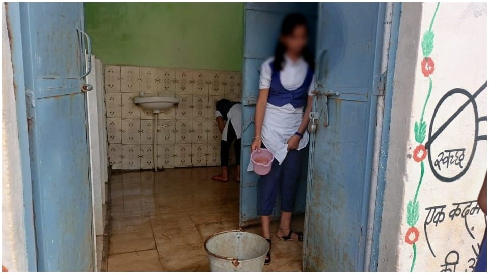 Girls cleaning toilets in the assembly of minister of Shivraj government in Guna