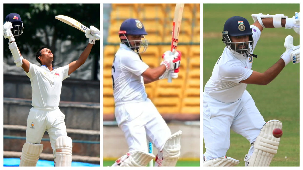 Duleep Trophy Yashasvi Jaiswal hits double century Shreyas Iyer fifty Ajinkya Rahane fails in second innings