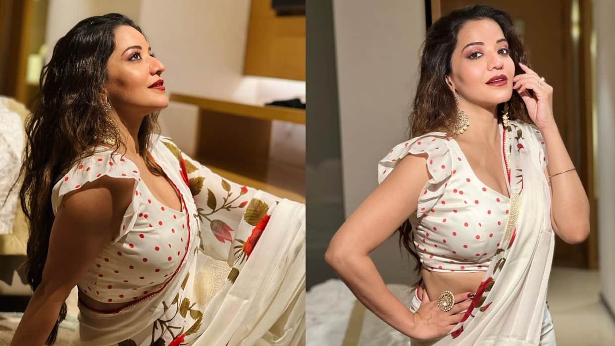 bhojpuri actress monalisa bold look in white flower print saree goes viral on internet see pics