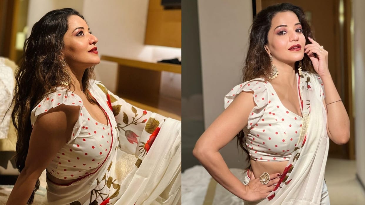 bhojpuri actress monalisa bold look in white flower print saree goes viral on internet see pics