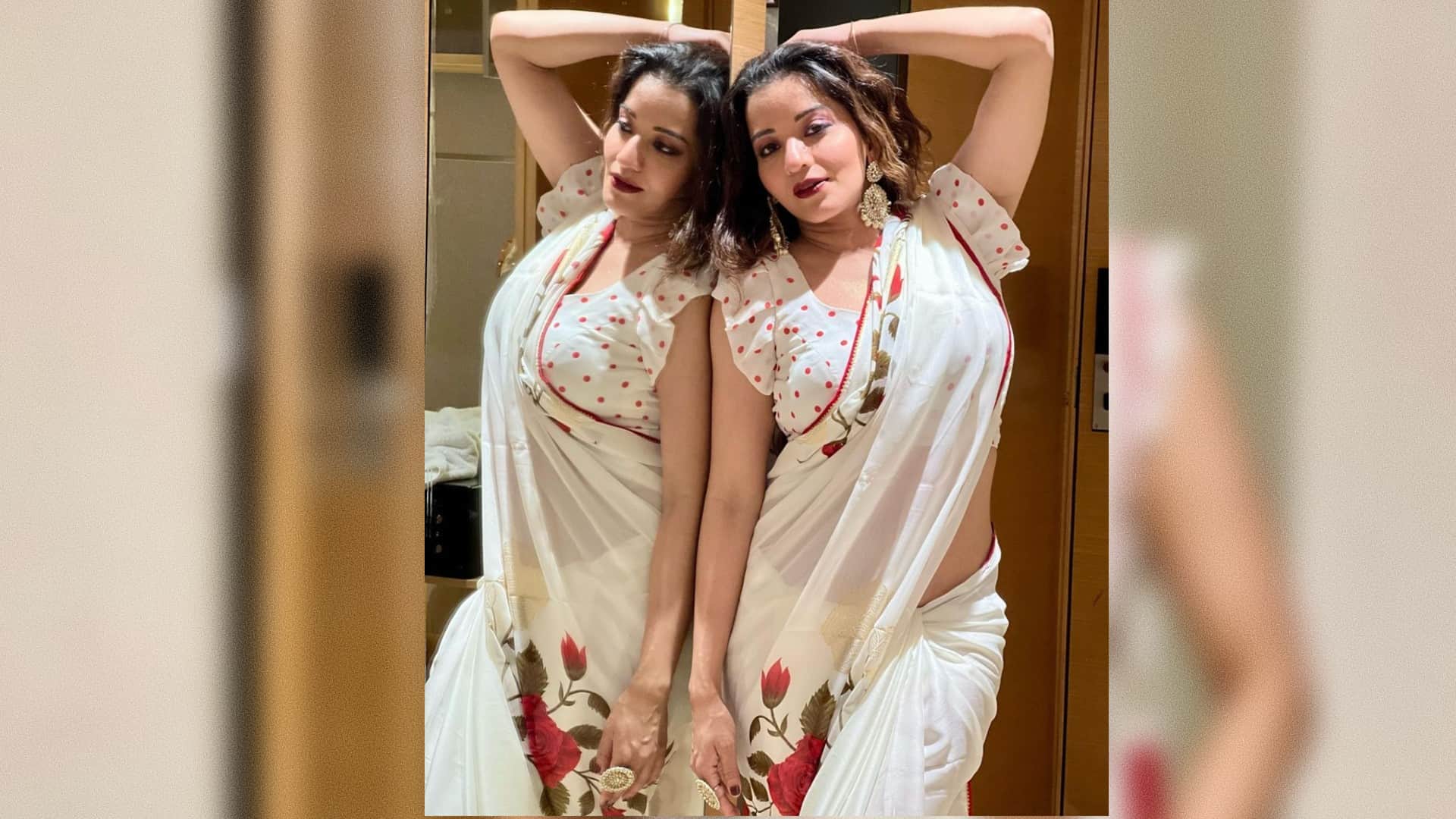 bhojpuri actress monalisa bold look in white flower print saree goes viral on internet see pics