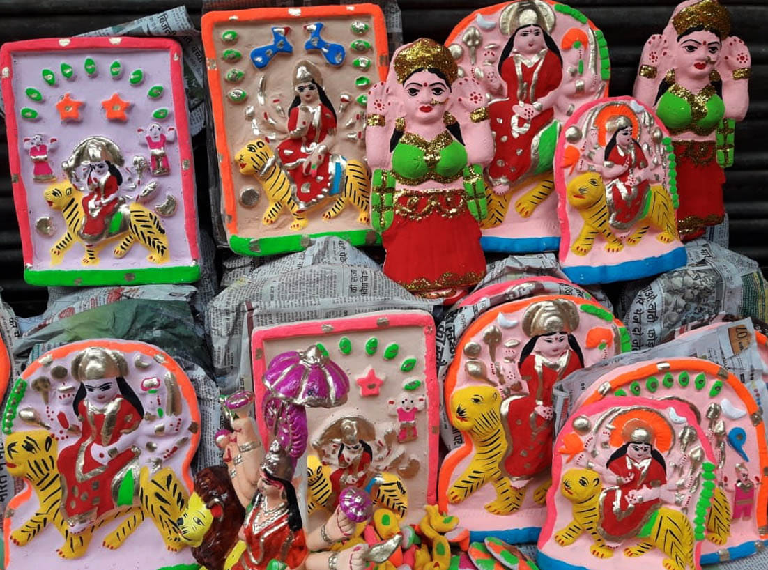 Shops decorated with idols of Maa Durga for Navratri