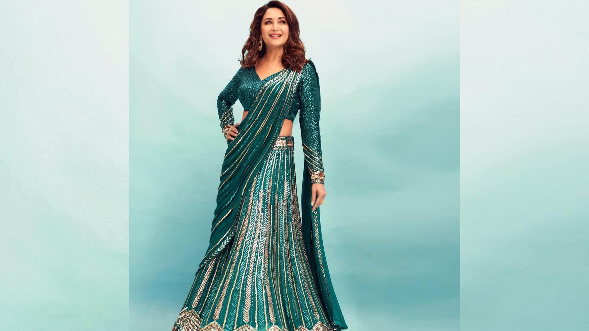 madhuri dixit blush in pink sequin work saree