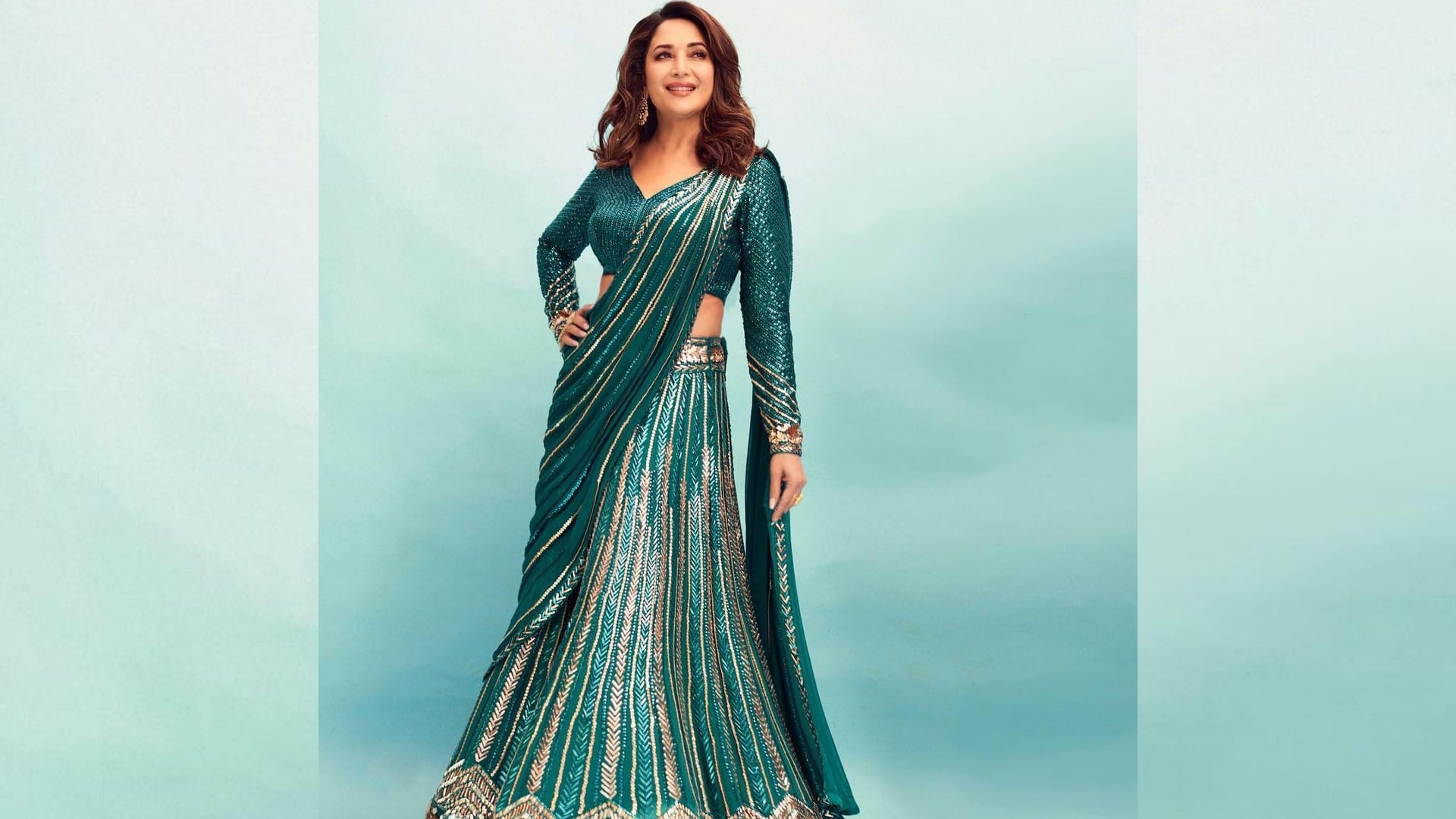 madhuri dixit blush in pink sequin work saree
