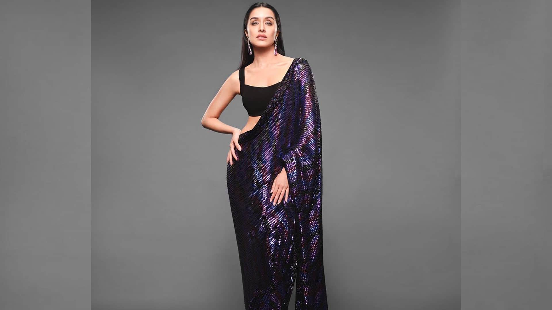 shraddha kapoor in sensual sequin black saree and sleeveless blouse
