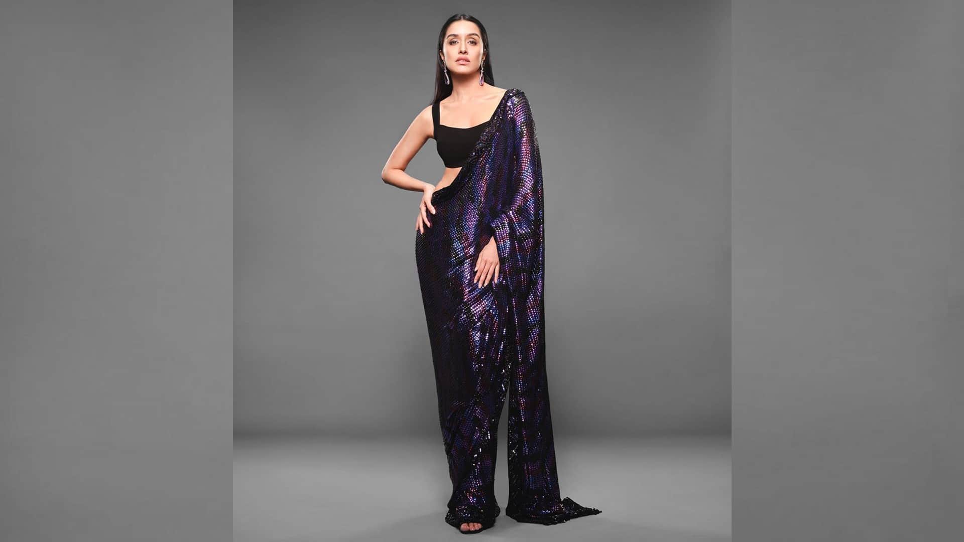 shraddha kapoor in sensual sequin black saree and sleeveless blouse