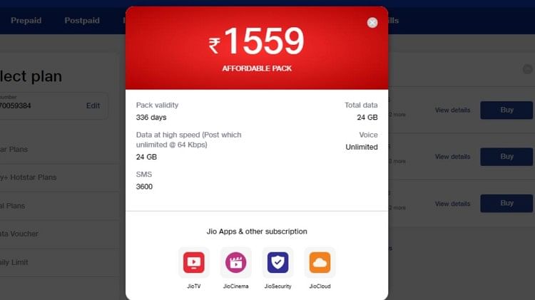 Reliance Jio 1559 Recharge Plan