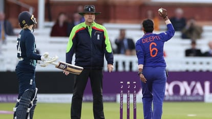 IND W vs ENG W Deepti Sharma Run Out Charlie Dean At Non Striker End check Amy Jones Harmanpreet Kaur reaction