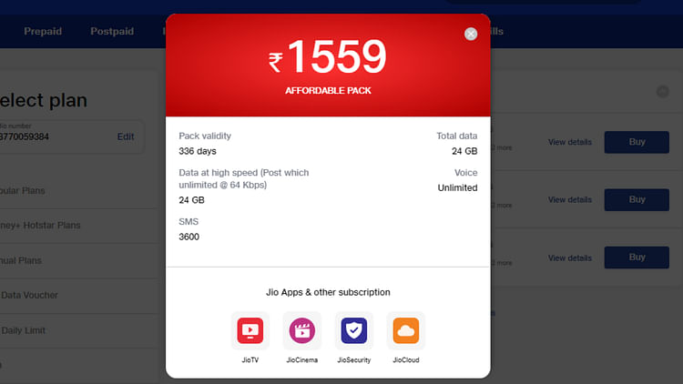 Jio Cheapest Recharge Plan 1559 Rs For 336 Days Validity Free Unlimited  Voice Calling And Data - Amar Ujala Hindi News Live - Jio पैसा वसूल प्लान:1559  रुपये में 336 दिनों की वैलिडिटी, अन्य सस्ते प्लान्स भी जानें