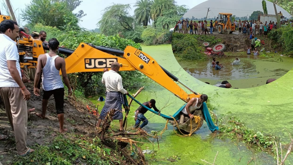 A tractor trolly falls in a pond in Itaunja in Lucknow.