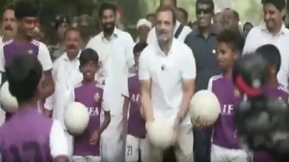 Congress leader Rahul Gandhi plays football with children during Congress Bharat Jodo Yatra in Palakkad