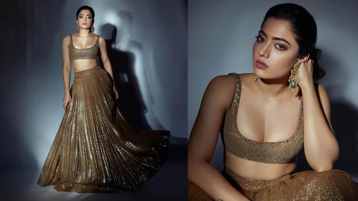 rashmika mandanna latest sizzling look photos in golden shimmer lehenga see actress pics here